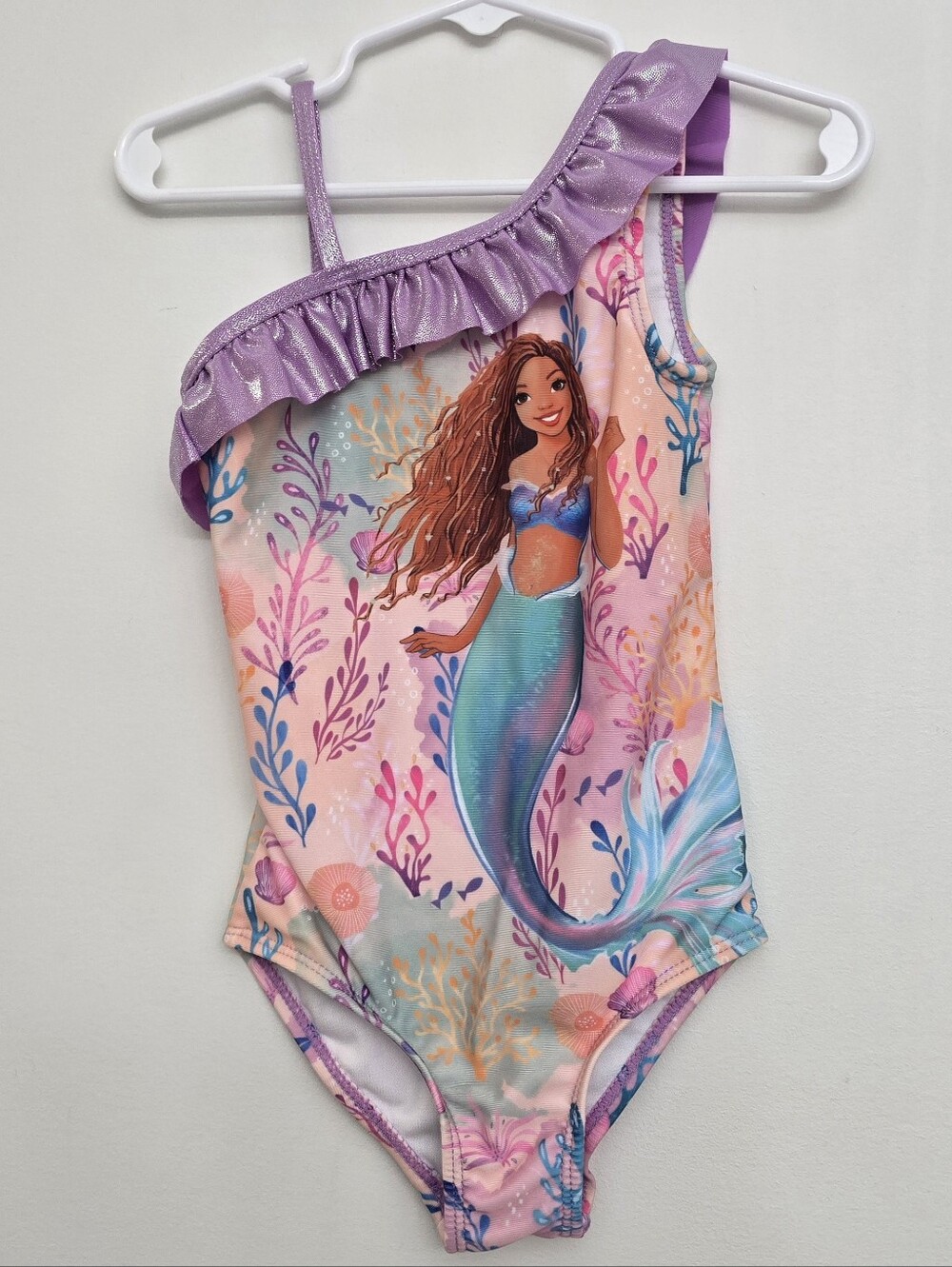 Disney Pink and Purple Mermaid One-Shoulder Girls Swim One-Piece